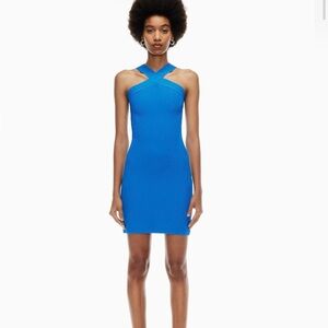 Aritzia Babaton Electric Blue Sculpt Knit Cross-Neck Ribbed Mini Dress